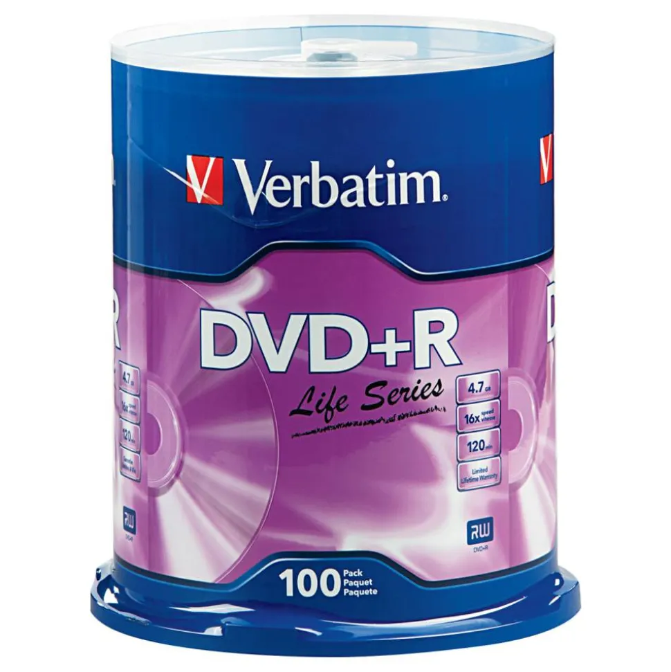 Verbatim DVD+R Recordable Disc, 4.7 GB, 16x, Spindle, Silver, 100/Pack
