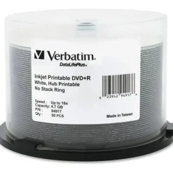 Verbatim DVD+R Recordable Disc, 4.7 GB, 16x, Spindle, Hub Printable, White, 50/Pack