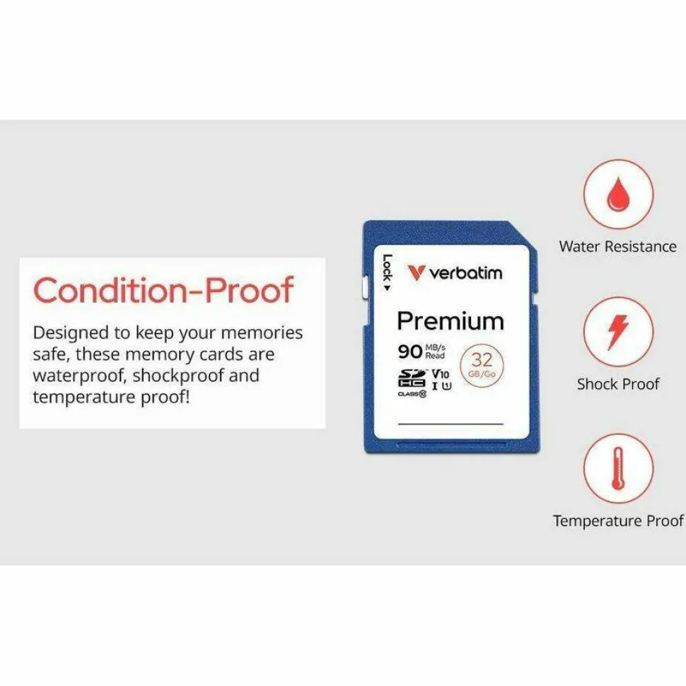 Verbatim 32GB Premium SDHC Memory Card, UHS-I V10 U1 Class 10, Up to 90MB/s Read Speed