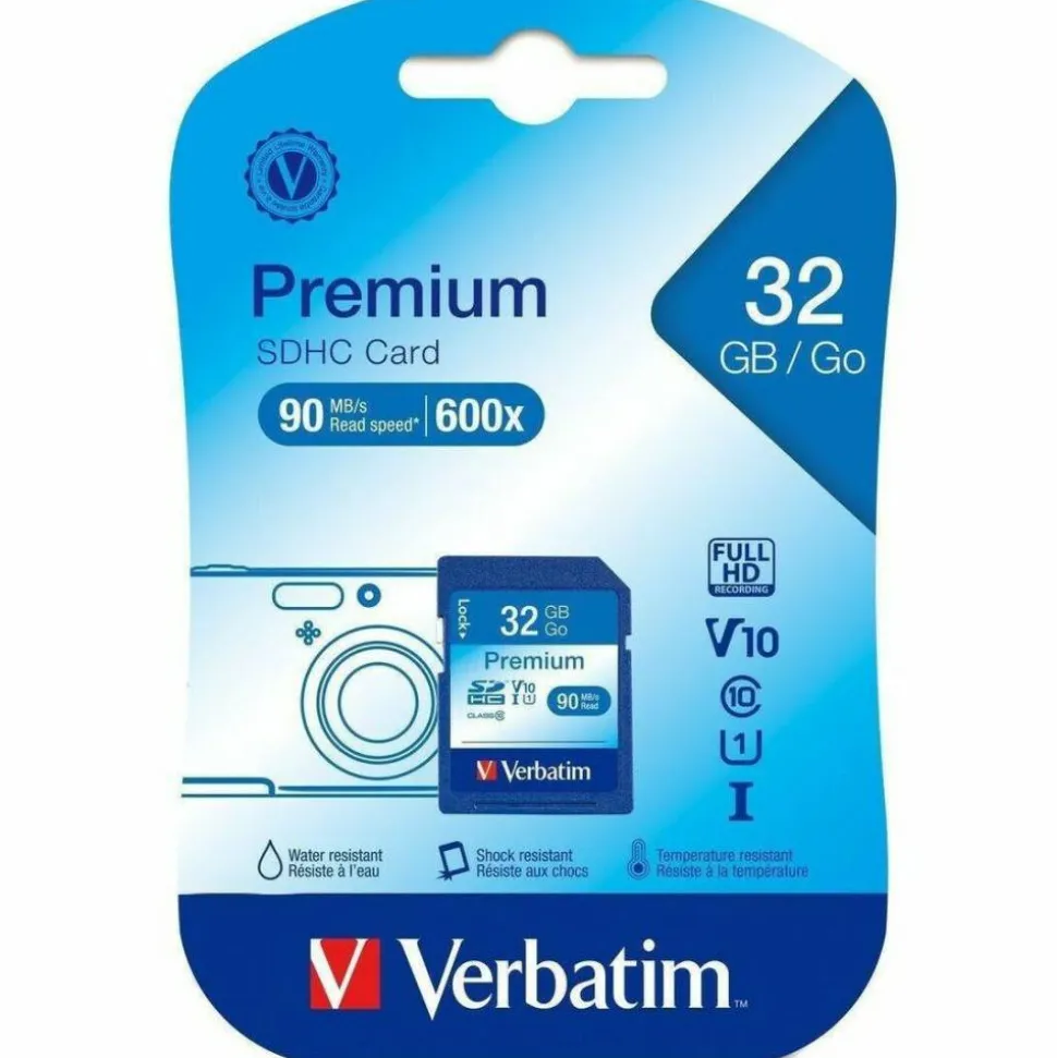 Verbatim 32GB Premium SDHC Memory Card, UHS-I V10 U1 Class 10, Up to 90MB/s Read Speed