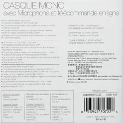 Verbatim Mono Headset with Microphone and In-Line Remote