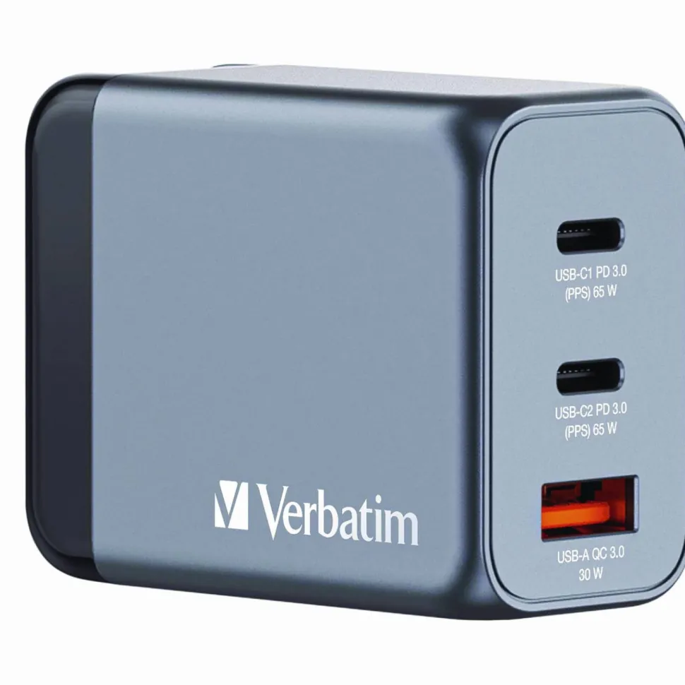 Verbatim 65 W 3-Port GaN Wall Charger, Black/Gray