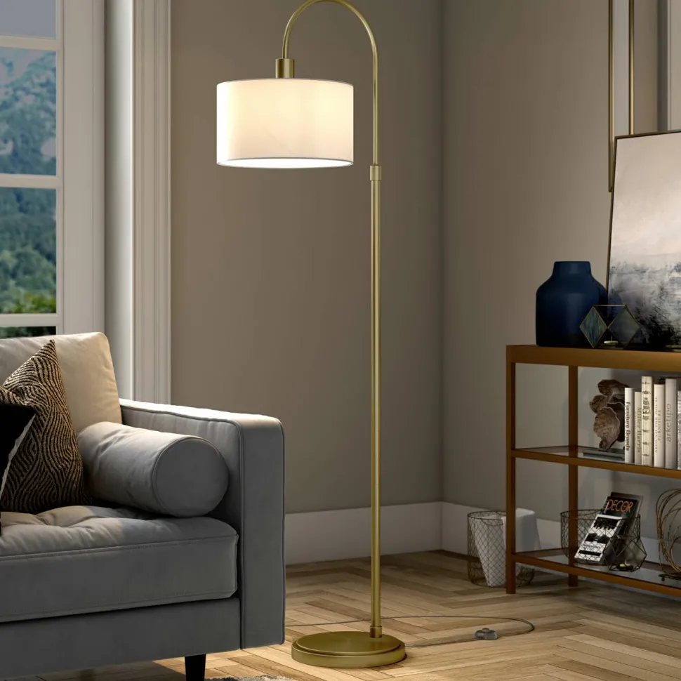 Veronica Arc Floor Lamp with Fabric Shade in Antique Brass/White