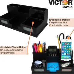 Victor Midnight Black Collection Desk Organizer With Smartphone Holder, 5 1/2"H x 10 1/2"W x 3 1/2"D, Black