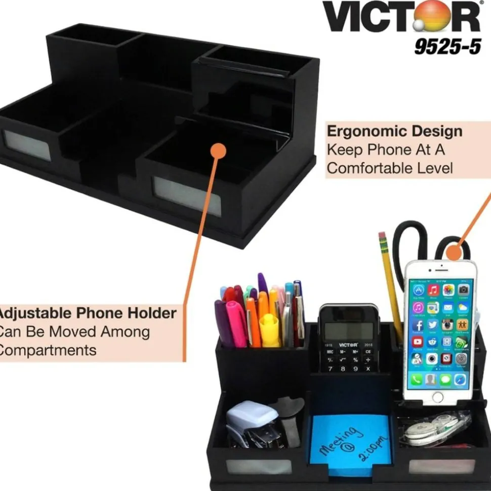Victor Midnight Black Collection Desk Organizer With Smartphone Holder, 5 1/2"H x 10 1/2"W x 3 1/2"D, Black