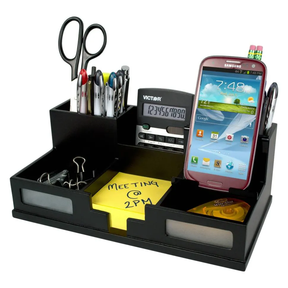Victor Midnight Black Collection Desk Organizer With Smartphone Holder, 5 1/2"H x 10 1/2"W x 3 1/2"D, Black