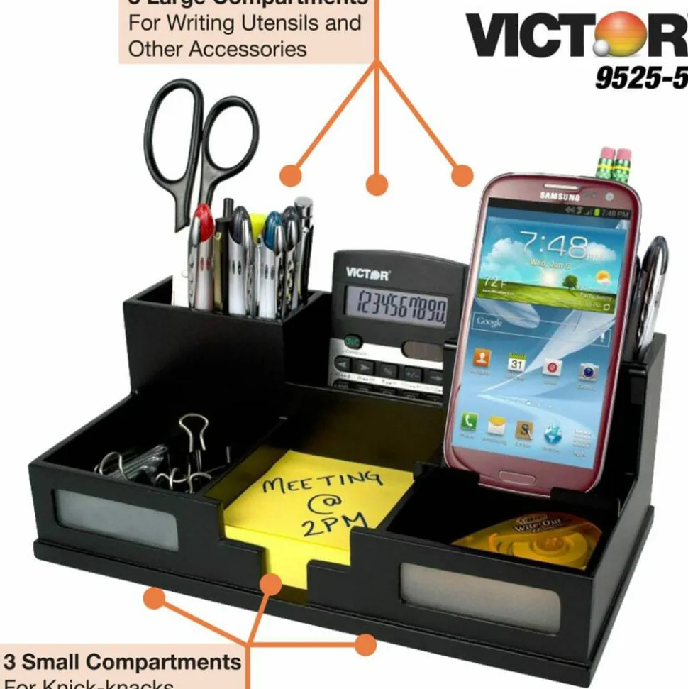 Victor Midnight Black Collection Desk Organizer With Smartphone Holder, 5 1/2"H x 10 1/2"W x 3 1/2"D, Black