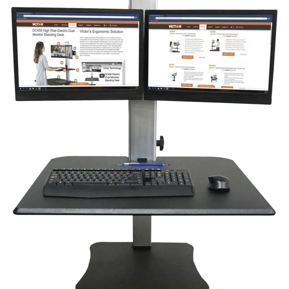 Victor High Rise Dual Monitor Standing Desk Workstation, 28" x 23" x 10.5" to 15.5", Black