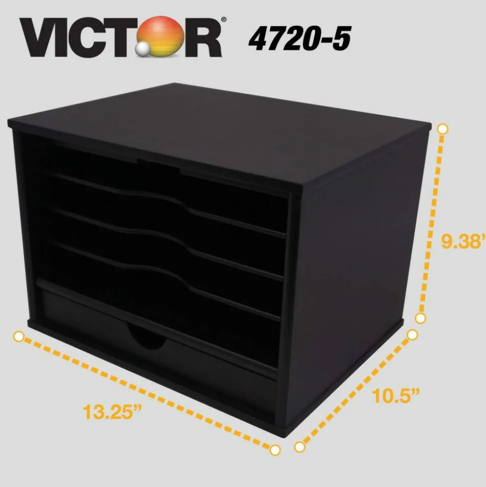 Victor Midnight Black Collection Desktop Organizer, 5 Compartments, MDF, 13.3 x 10.5 x 9.4, Black