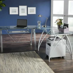 Vista Glass 76"W L-Shape Corner Desk, Silver