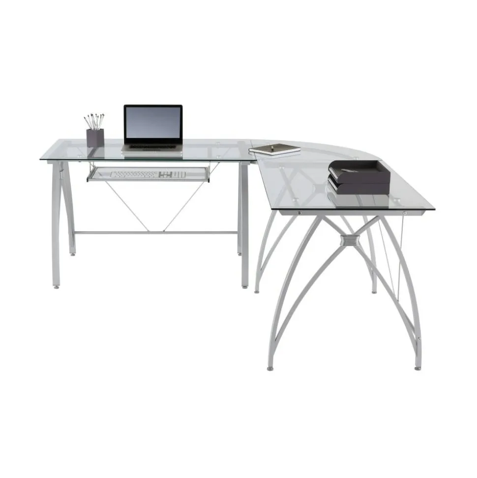 Vista Glass 76"W L-Shape Corner Desk, Silver