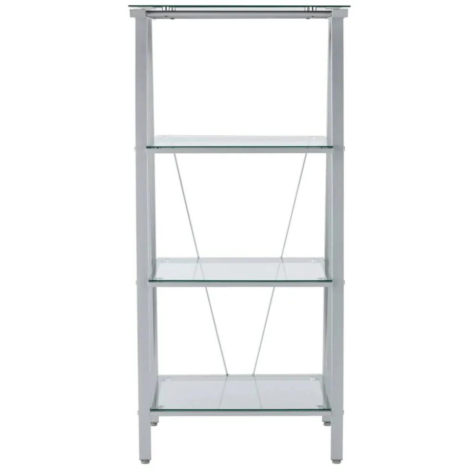 Vista 60"H 4-Shelf Glass/Metal Bookcase, Clear/Silver