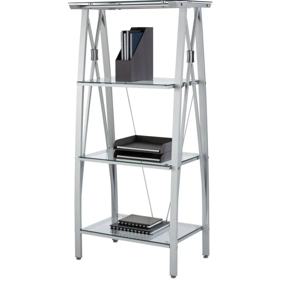 Vista 60"H 4-Shelf Glass/Metal Bookcase, Clear/Silver