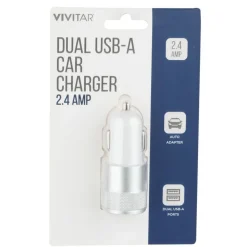 Vivitar Dual USB-A Car Charger, White, NIL6001-WHT-STK-24