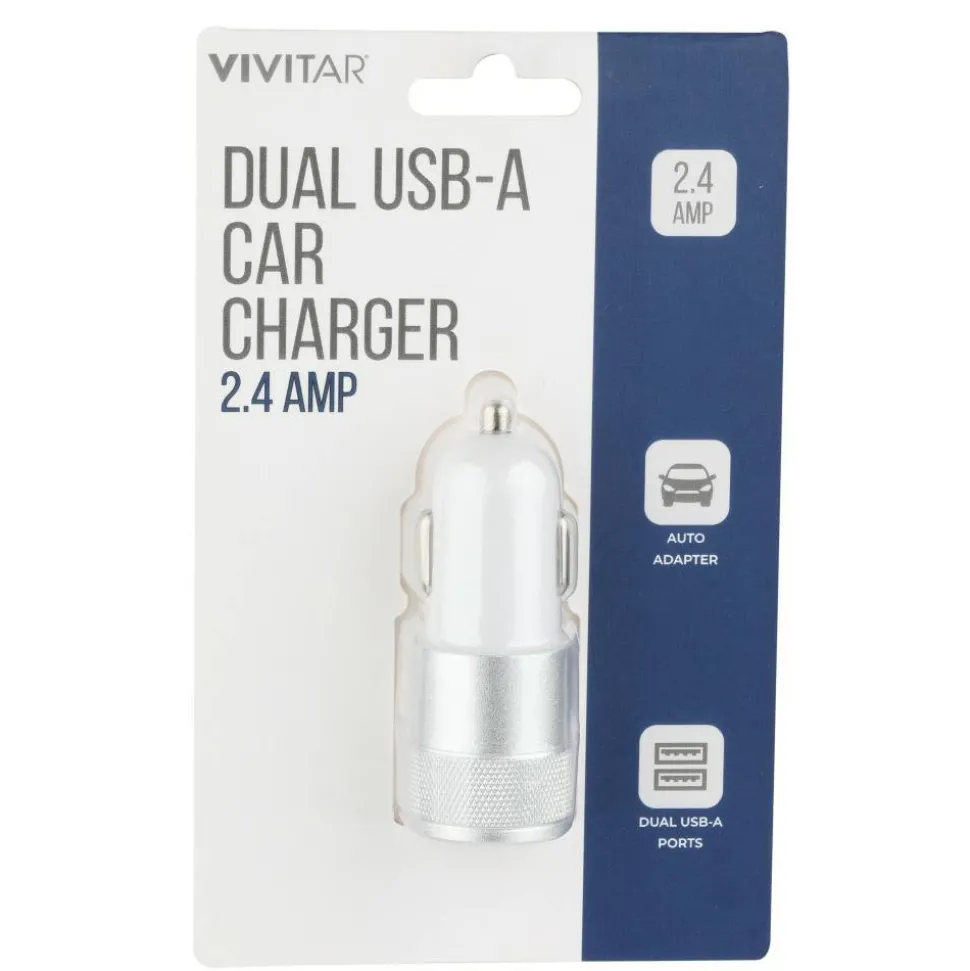Vivitar Dual USB-A Car Charger, White, NIL6001-WHT-STK-24