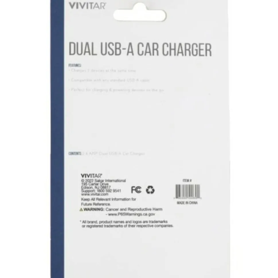 Vivitar Dual USB-A Car Charger, White, NIL6001-WHT-STK-24