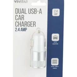 Vivitar Dual USB-A Car Charger, White, NIL6001-WHT-STK-24