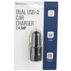 Vivitar Dual USB-A Car Charger, Black, NIL6001-BLK-STK-24