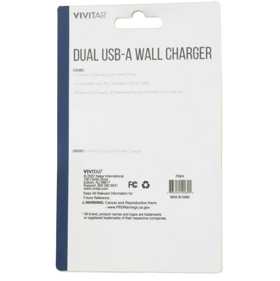 Vivitar Dual USB-A Wall Charger, White, NIL6002-WHT-STK-24