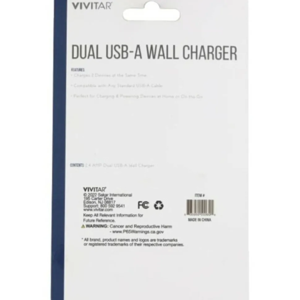 Vivitar Dual USB-A Wall Charger, Black, NIL6002-BLK-STK-24