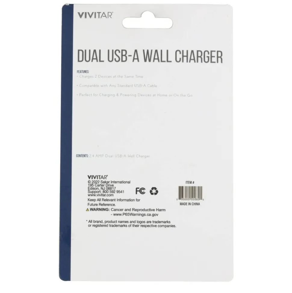 Vivitar Dual USB-A Wall Charger, Black, NIL6002-BLK-STK-24