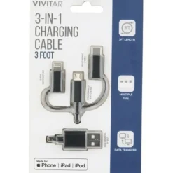 Vivitar 3-in-1 Charging Cable, 3', Black, NIL2001-BLK-STK-24