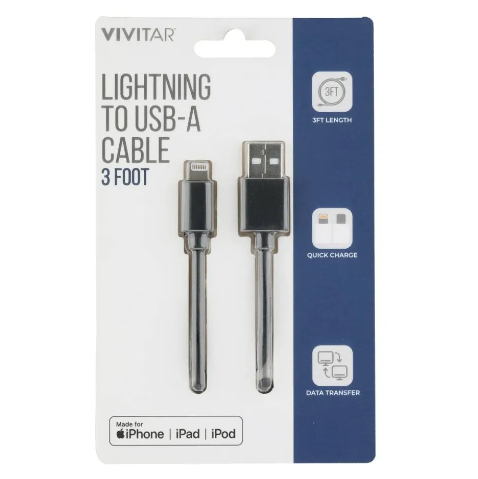 Vivitar Lightning To USB-A Cable, 3', Black, NIL1003