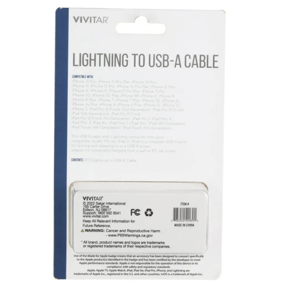 Vivitar Lightning To USB-A Cable, 3', Black, NIL1003