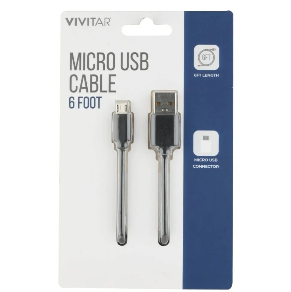 Vivitar USB-A To Micro USB Cable, 6', Black, NIL5006-BLK-STK-24