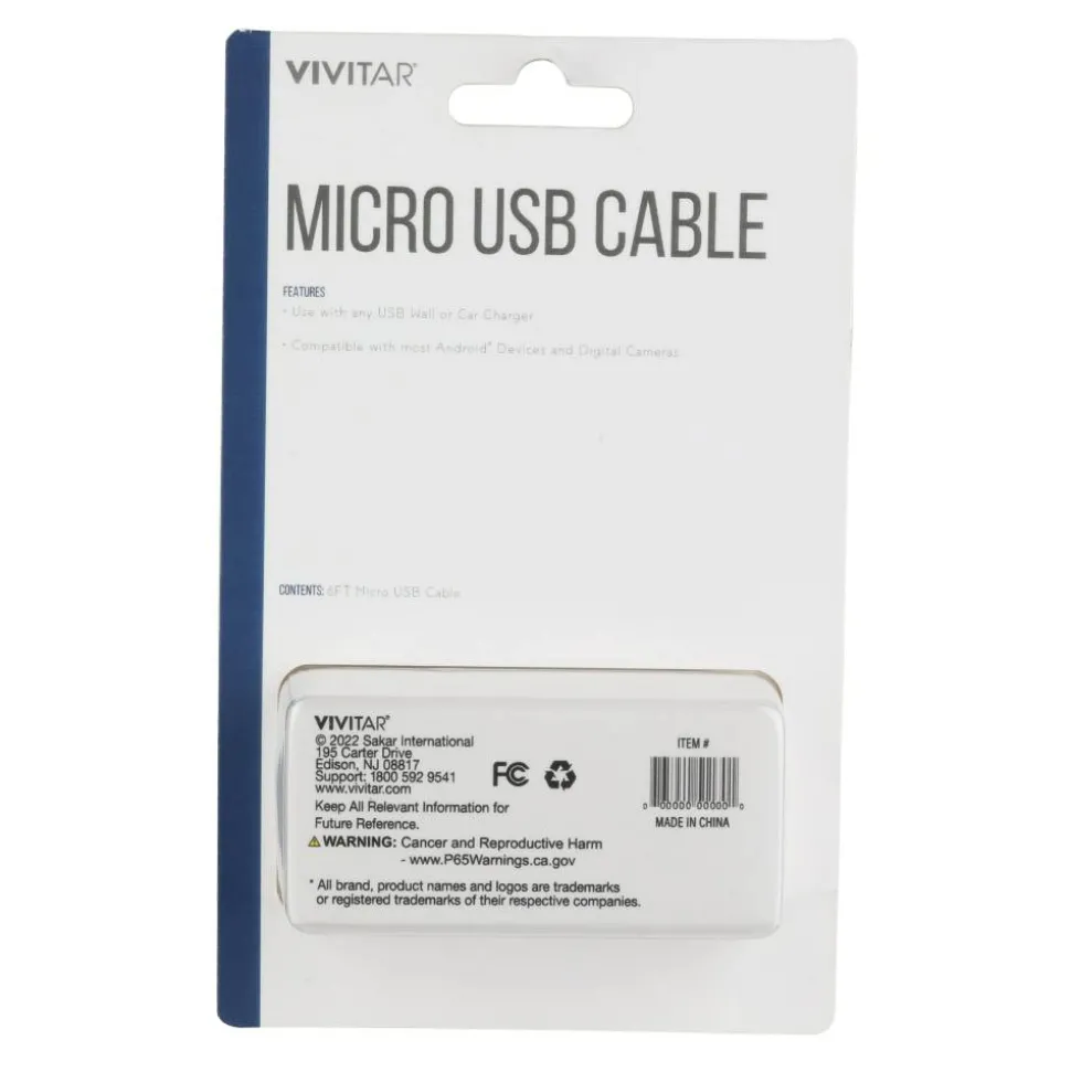 Vivitar USB-A To Micro USB Cable, 6', Black, NIL5006-BLK-STK-24
