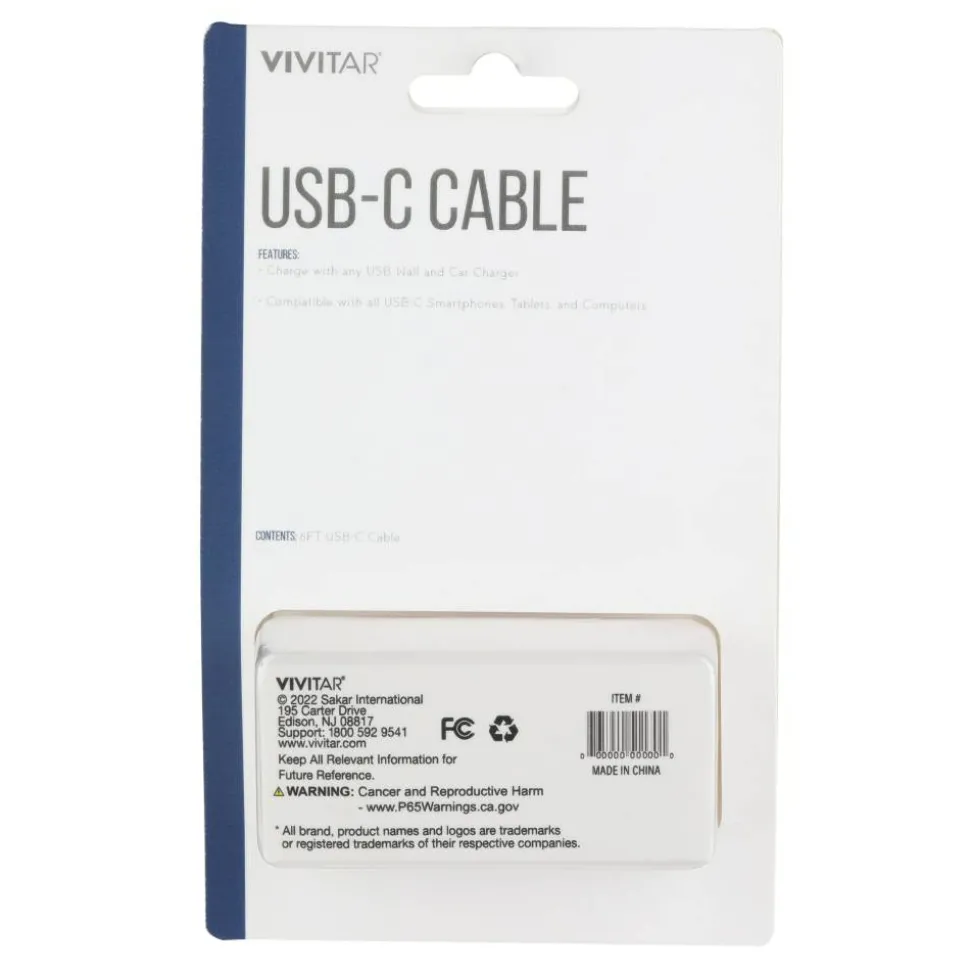 Vivitar USB-A To USB-C Cable, 6', White, NIL4006-WHT-STK-24