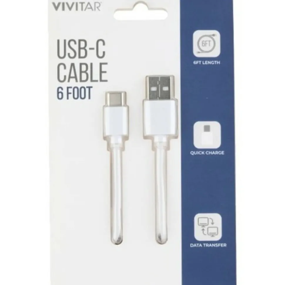 Vivitar USB-A To USB-C Cable, 6', White, NIL4006-WHT-STK-24
