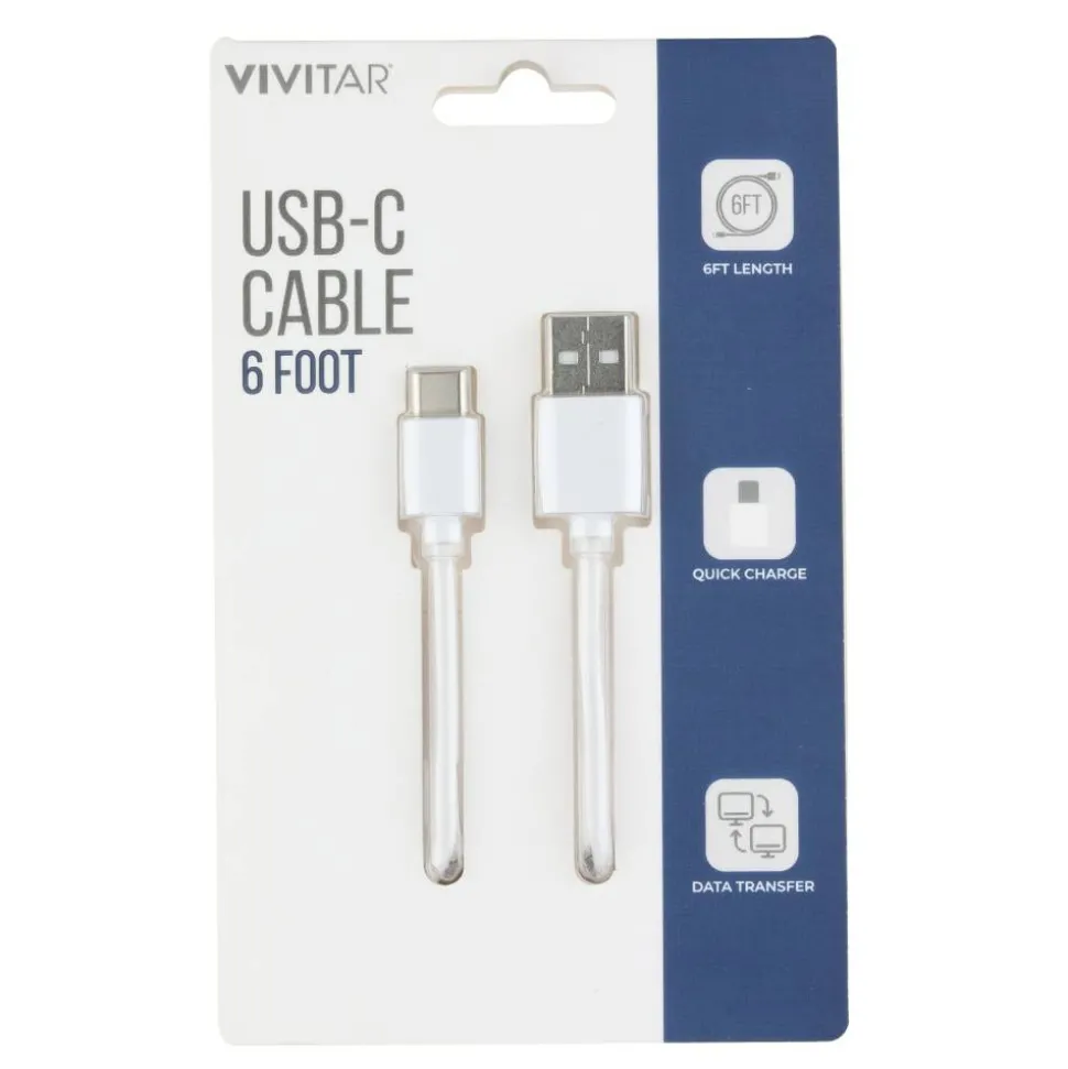 Vivitar USB-A To USB-C Cable, 6', White, NIL4006-WHT-STK-24