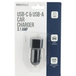 Vivitar USB-C And USB-A Car Charger, Black, NIL6003-BLK-STK-24