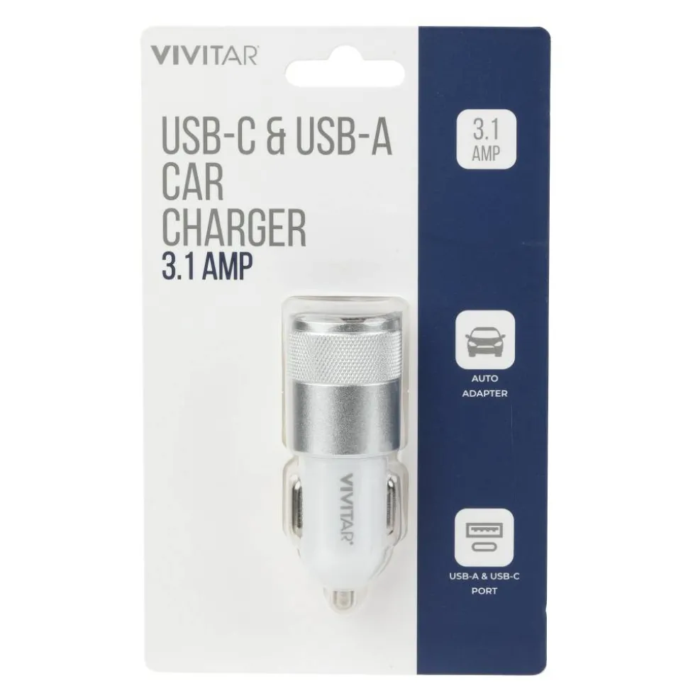 Vivitar USB-C And USB-A Car Charger, White, NIL6003-WHT-STK-24