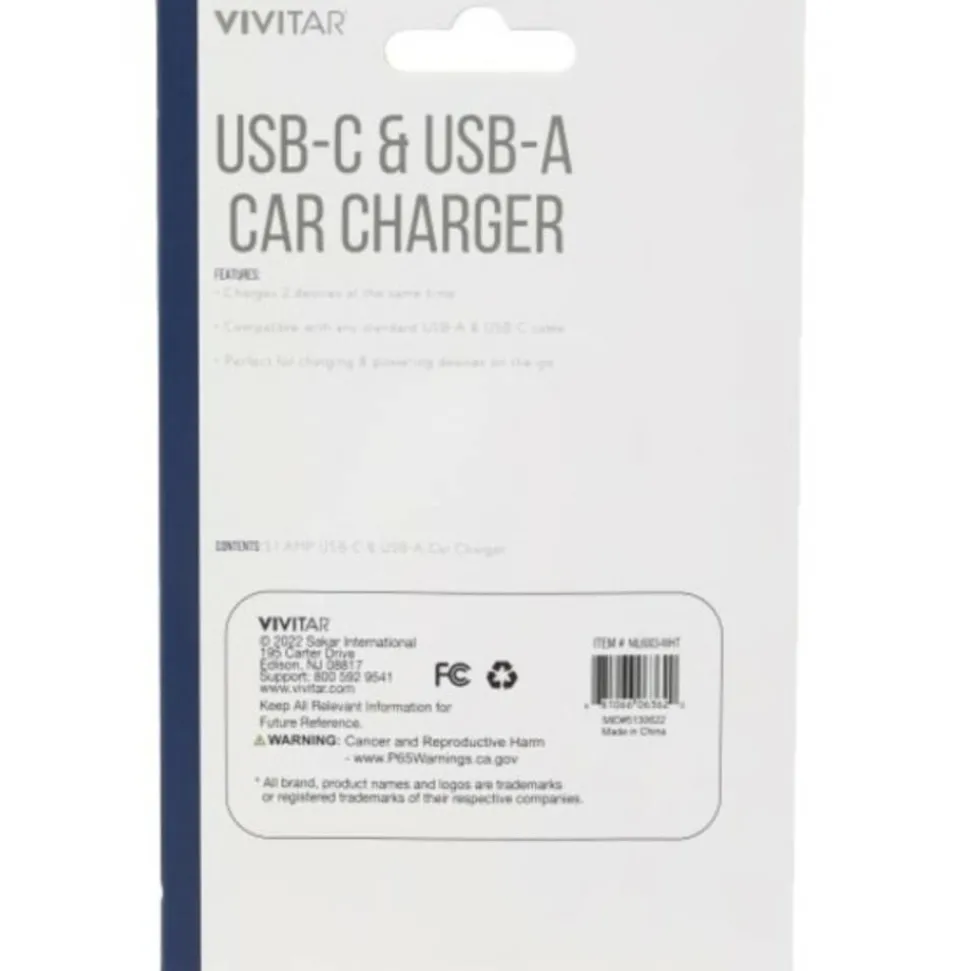 Vivitar USB-C And USB-A Car Charger, White, NIL6003-WHT-STK-24