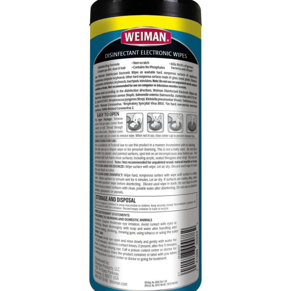 WEIMAN E-tronic Wipes, 1-Ply, 7 x 8, White, 30/Canister