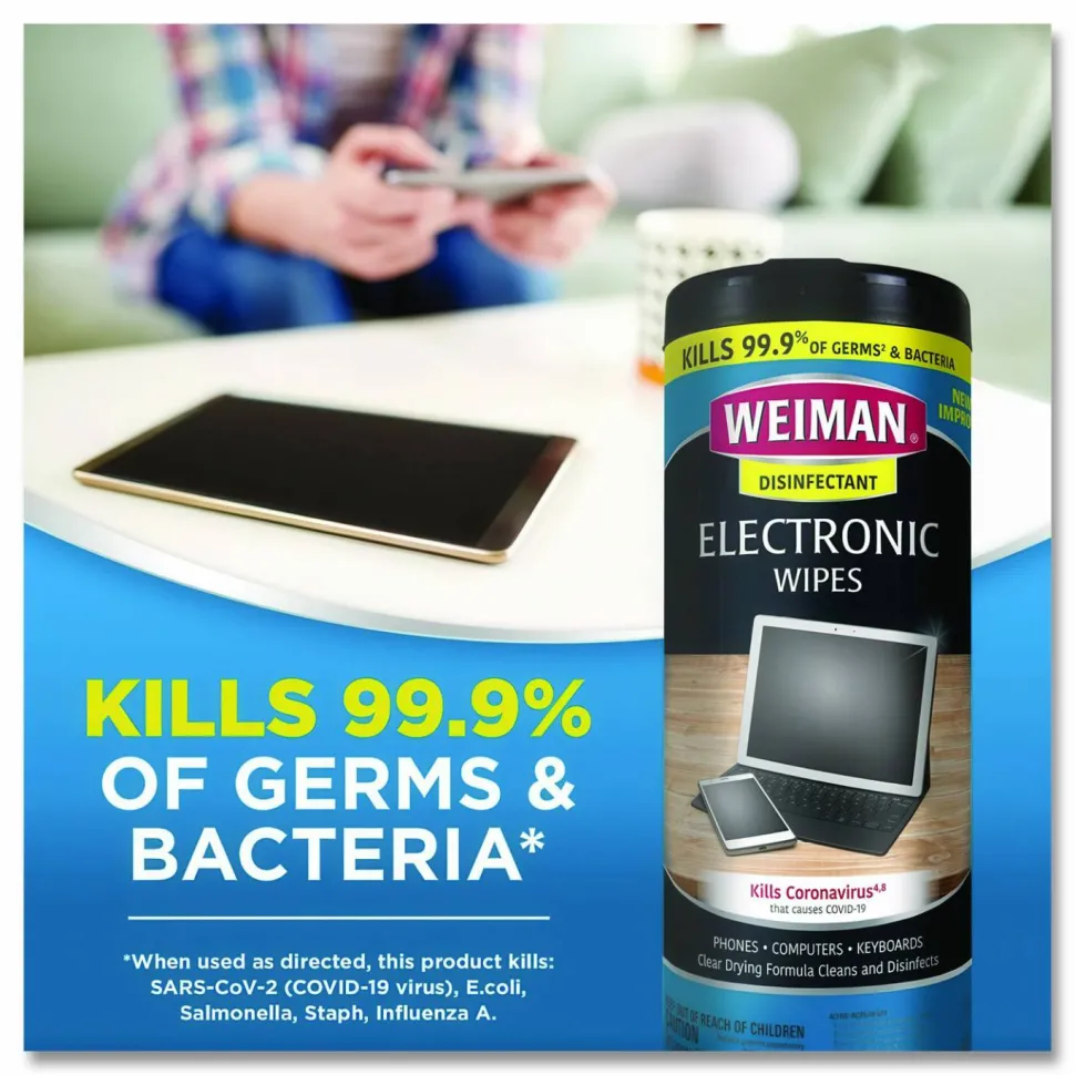 WEIMAN E-tronic Wipes, 1-Ply, 7 x 8, White, 30/Canister, 4 Canisters/Carton