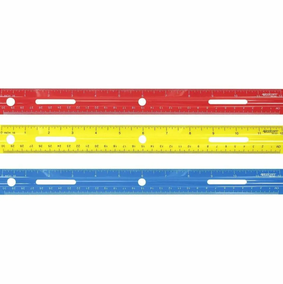 Westcott 12" Plastic Ruler - 12" Length - 1/16 Graduations - Imperial, Metric Measuring System - Plastic - 1 Each - Assorted