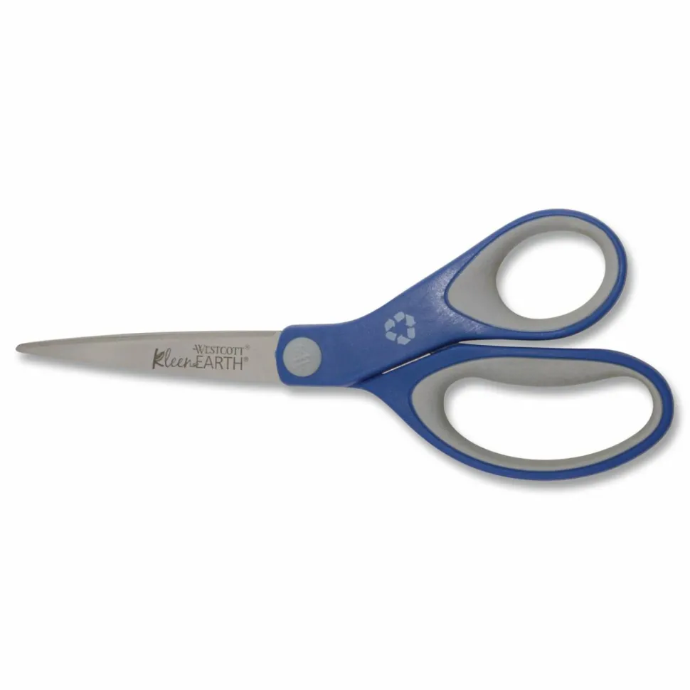 Westcott KleenEarth Soft Handle Scissors, 8" Long, 3.25" Cut Length, Straight Blue/Gray Handle