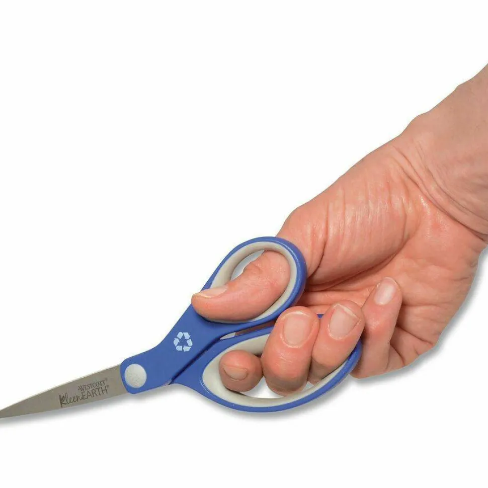 Westcott KleenEarth Soft Handle Scissors, 8" Long, 3.25" Cut Length, Straight Blue/Gray Handle