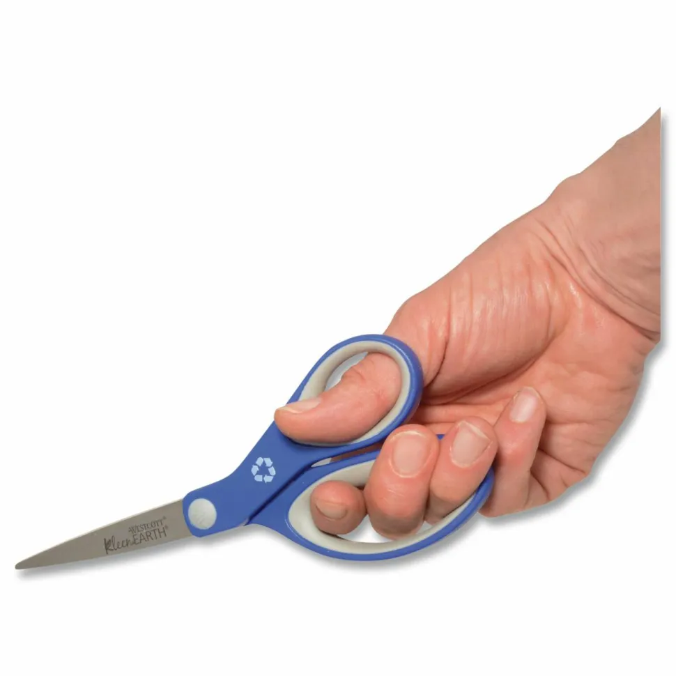 Westcott KleenEarth Soft Handle Scissors, 8" Long, 3.25" Cut Length, Straight Blue/Gray Handle