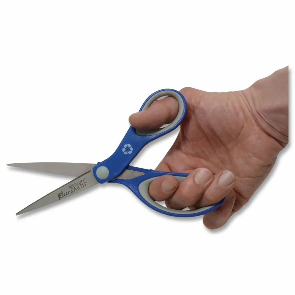 Westcott KleenEarth Soft Handle Scissors, 8" Long, 3.25" Cut Length, Straight Blue/Gray Handle
