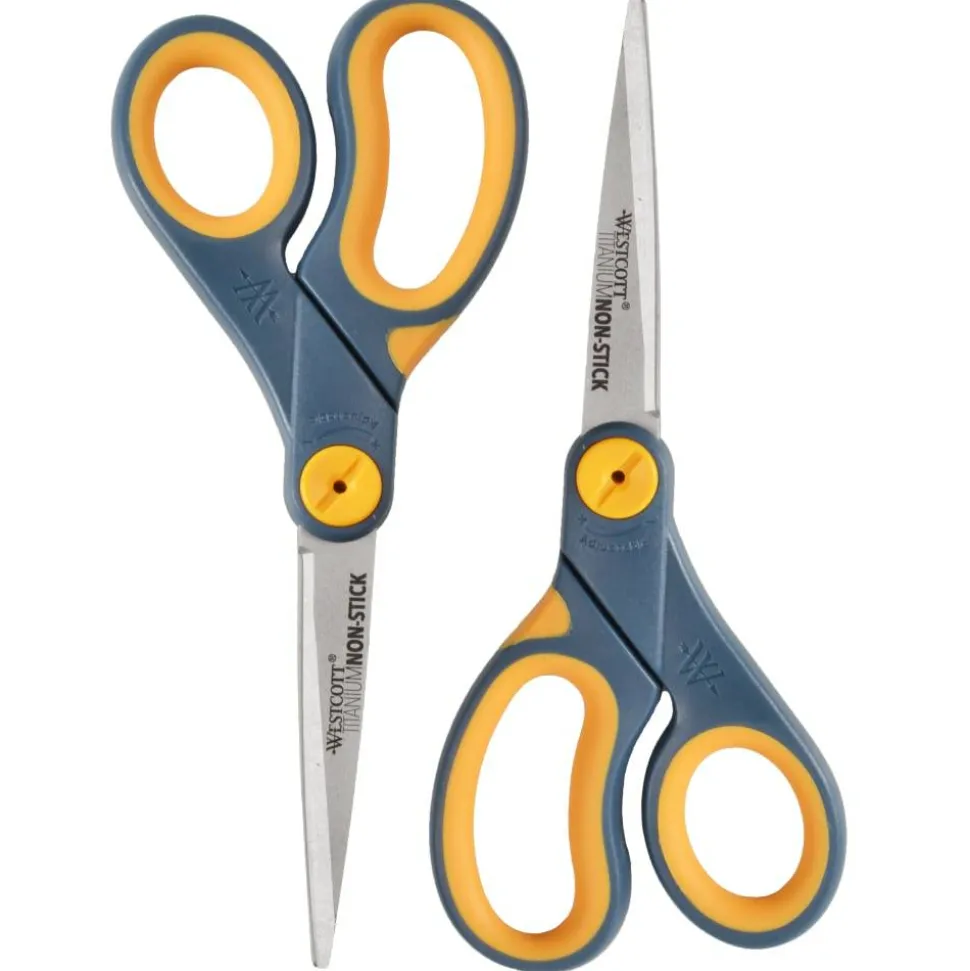 Westcott Titanium Bonded Non-Stick Scissors, 8", Pointed, Gray/Yellow, Pack Of 2