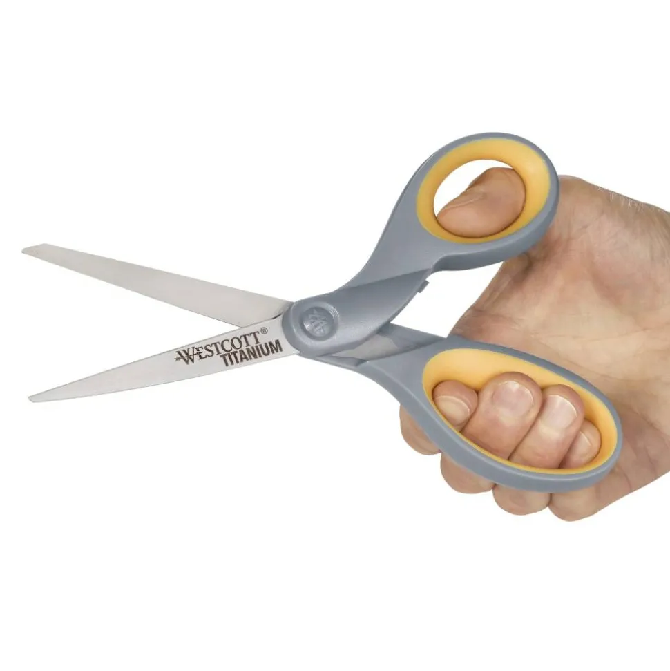 Westcott Titanium Bonded Scissor, 8in, Straight, Sft Hndl, Pntd, Gray/Yel, 3pk