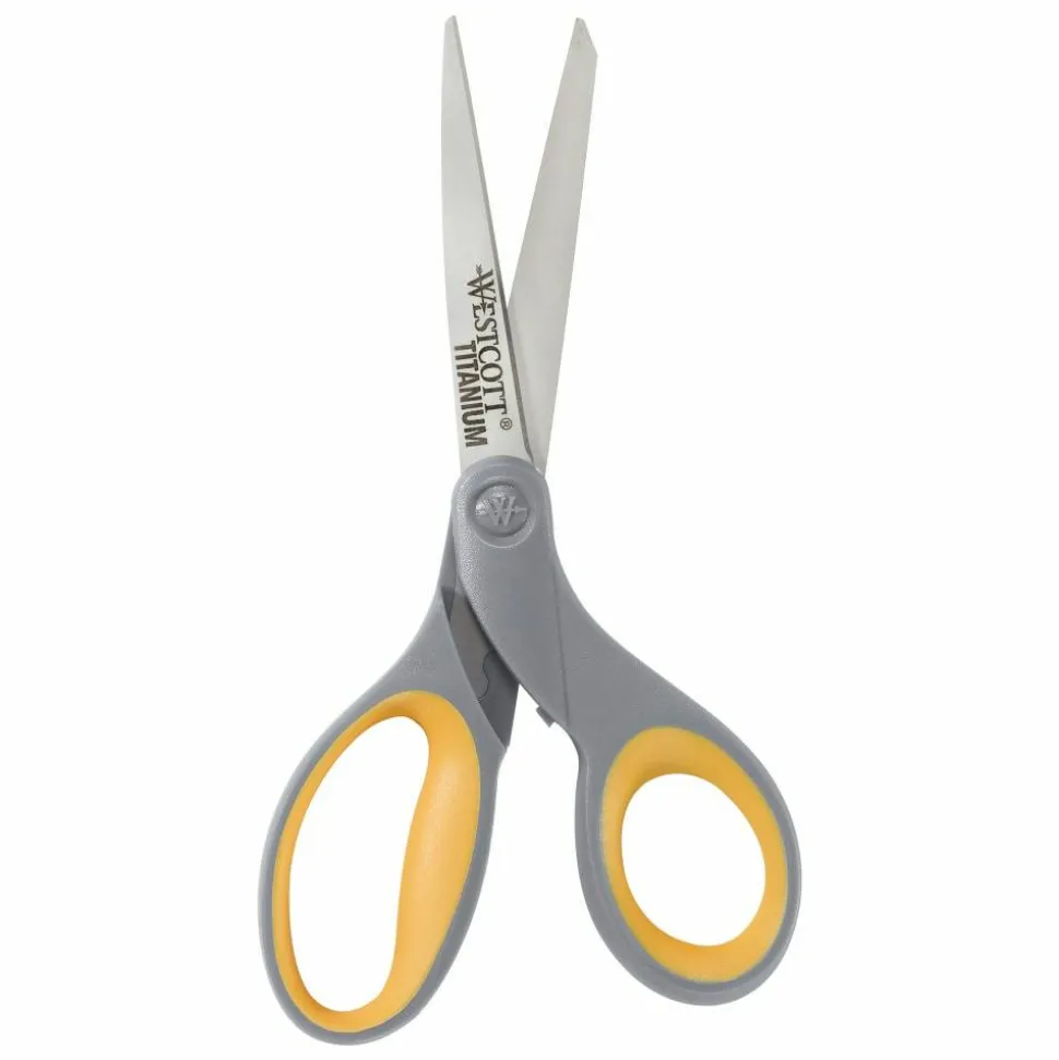 Westcott Titanium Bonded Scissor, 8in, Straight, Sft Hndl, Pntd, Gray/Yel, 3pk