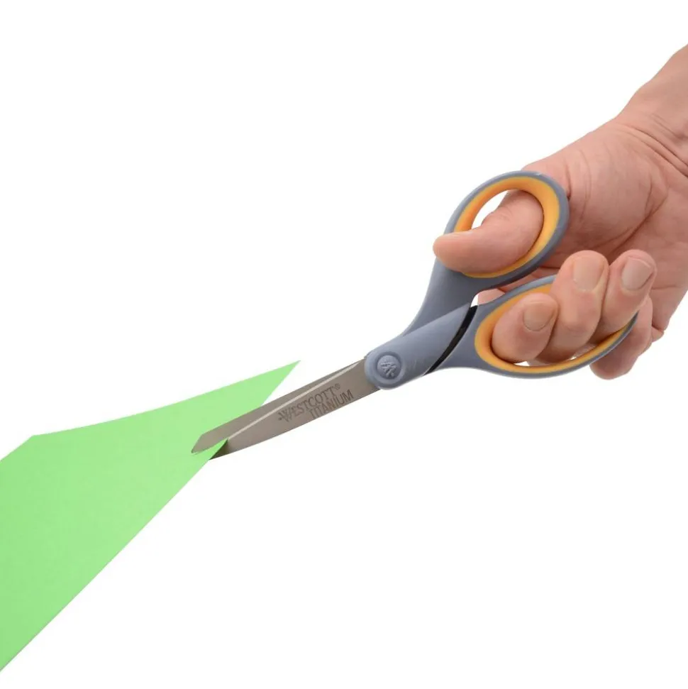 Westcott Titanium Bonded Scissor, 8in, Straight, Sft Hndl, Pntd, Gray/Yel, 3pk