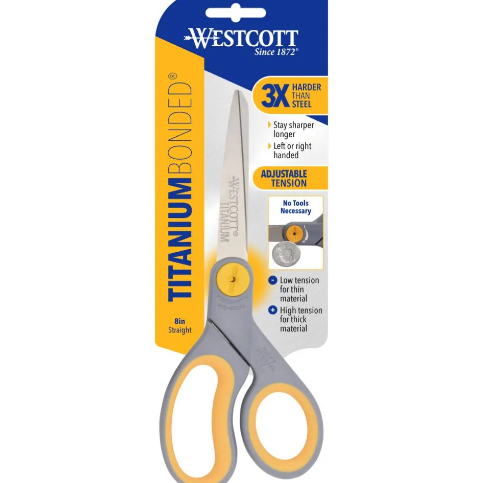 Westcott Titanium Bonded Scissors, 8" Long, 3.5" Cut Length, Straight Gray/Yellow Handle