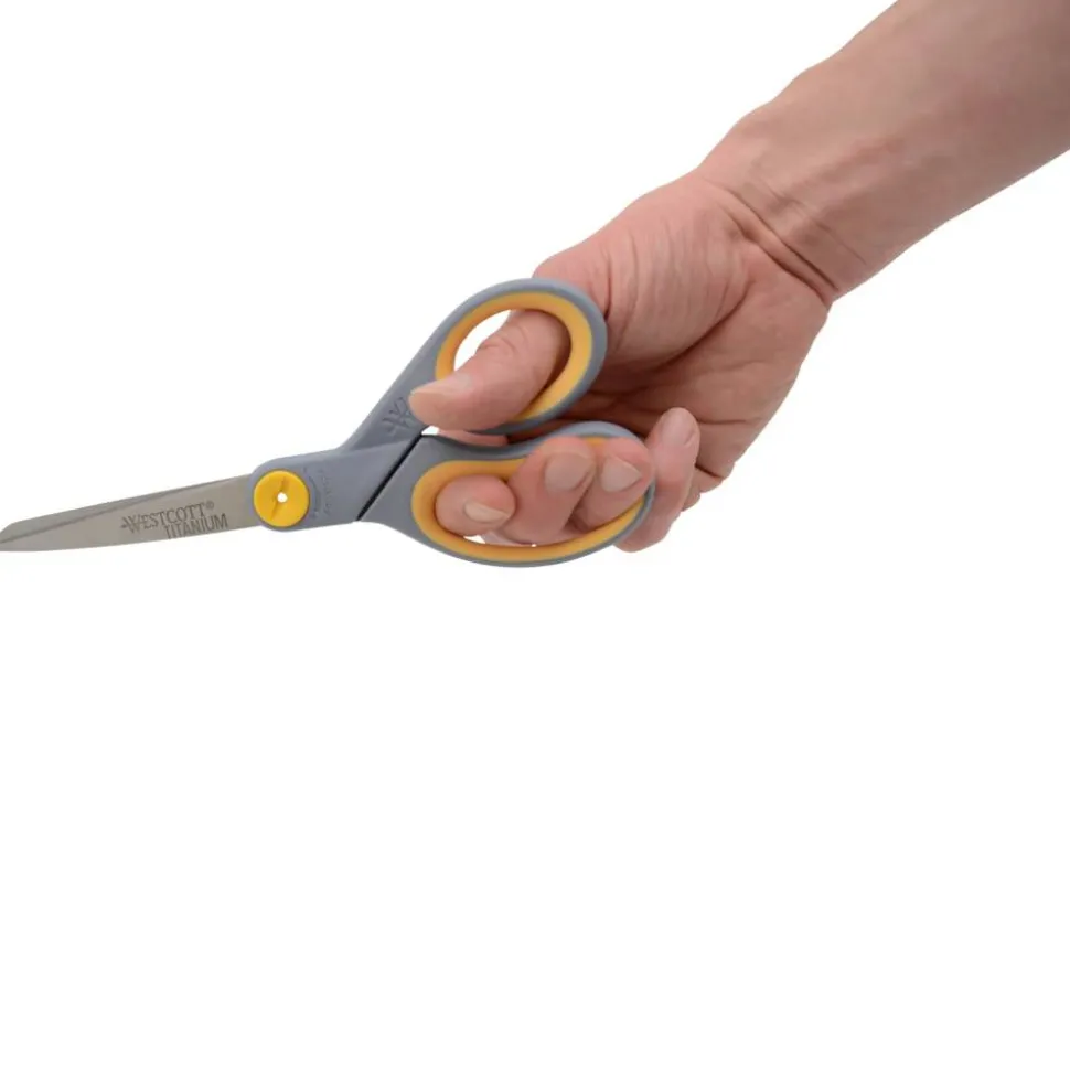 Westcott Titanium Bonded Scissors, 8" Long, 3.5" Cut Length, Straight Gray/Yellow Handle
