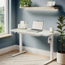 48”W Glass-Top Electric Height-Adjustable Standing Desk, White